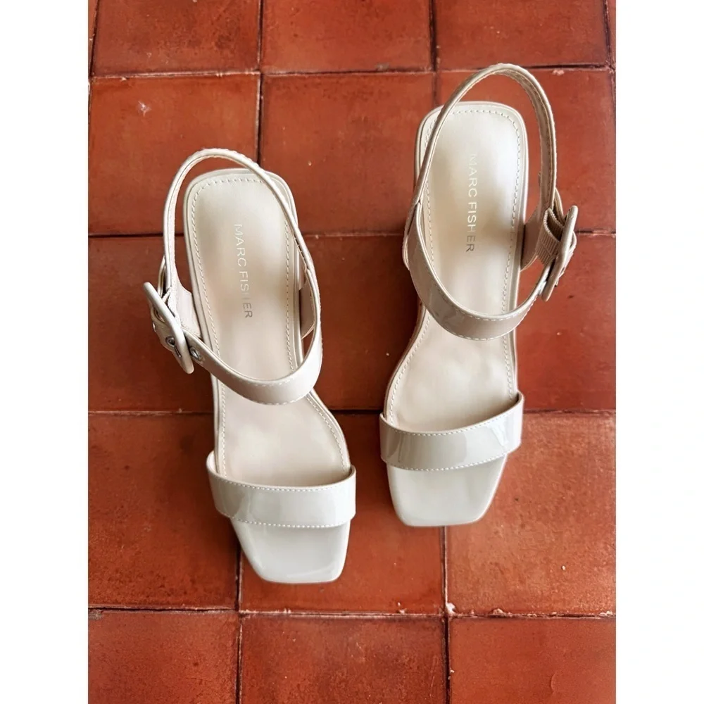Sz 8.5M Marc Fisher Lukey Open Toe Cork Wedge Sandals In Malted Milk NWOB